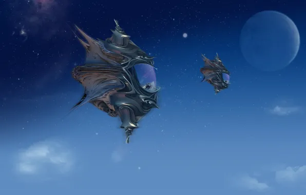 Clouds, planet, stars, bio ships