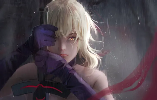 Picture eyes, look, girl, face, weapons, rain, sword, fantasy