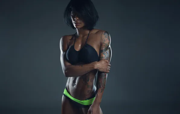 Picture sexy, model, brunette, tattoos, fitness, sporty, model clothes