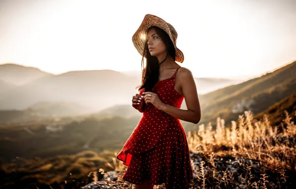 Download Wallpaper Look Girl The Sun Nature Pose Hat Dress