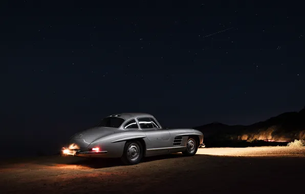 Picture car, Mercedes-Benz, night, classic, 300SL, Mercedes-Benz 300 SL, Gullwing, iconic
