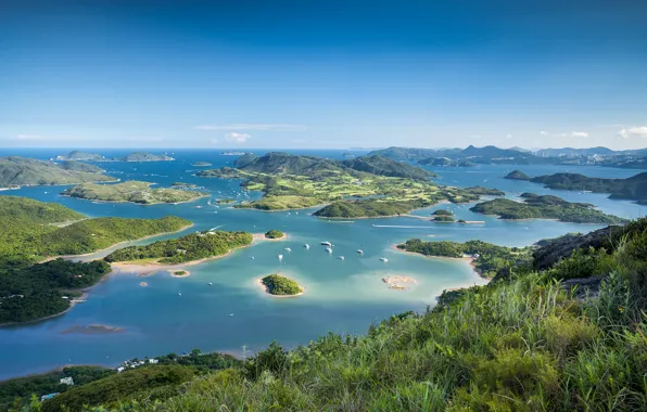 Sea, grass, trees, mountains, island