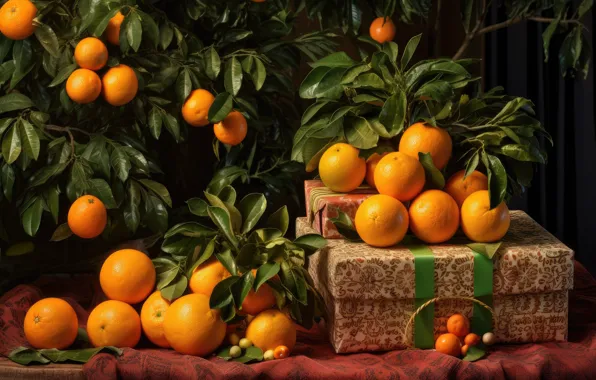 Leaves, branches, oranges, harvest, fruit, Christmas, gifts, New year