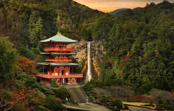 Forest, mountains, waterfall, Japan, temple