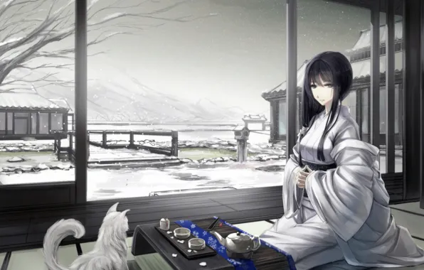 Winter, cat, girl, snow, mountains, house, art, the tea party
