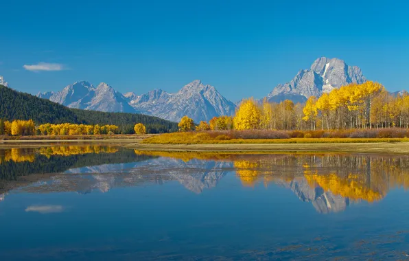 Picture autumn, the sky, trees, mountains, lake, reflection