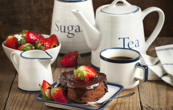 Picture tea, chocolate, strawberry, dishes, cake