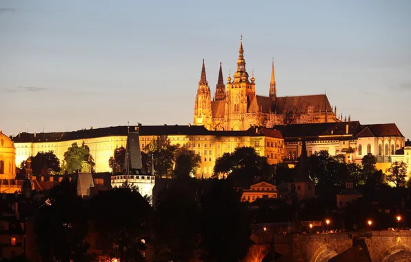 The sky, lights, castle, home, the evening, Prague, Czech Republic