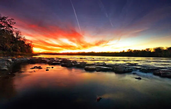 Picture the sky, sunset, river, stones
