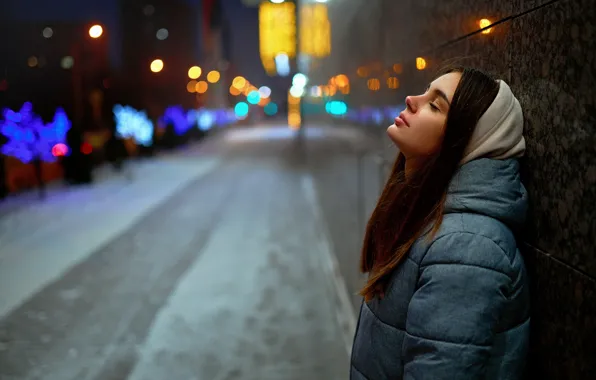 Picture city, night, winter, snow, model, street, women, bokeh