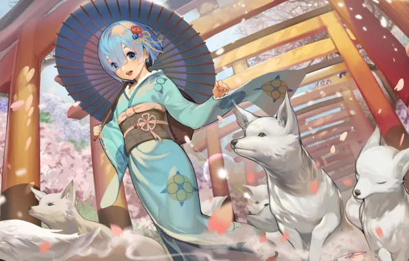 Umbrella, kimono, blue hair, cherry blossoms, white wolves, Rem (Re: Zero), torii gate, Re Zero …