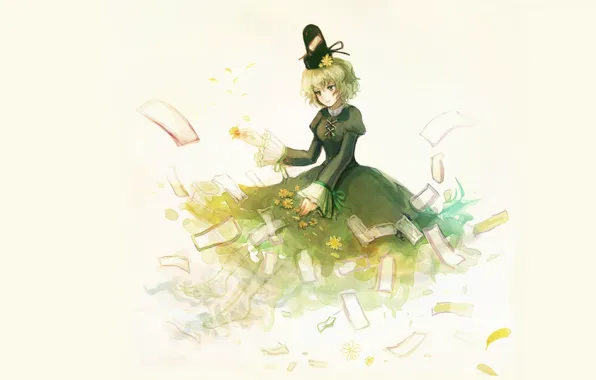 Hat, black dress, priestess, paper, barefoot, Touhou Project, yellow flowers, Project East