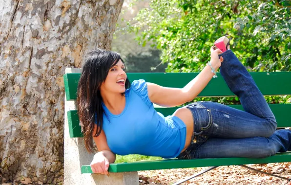 Picture chest, smile, tree, model, jeans, Mike, brunette, Denise Milani