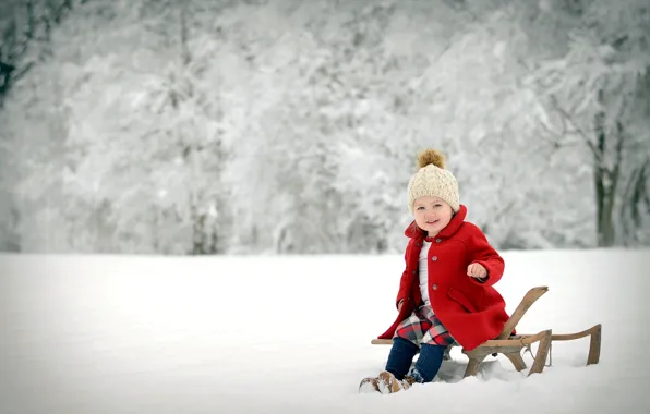 Picture winter, mood, girl, sled