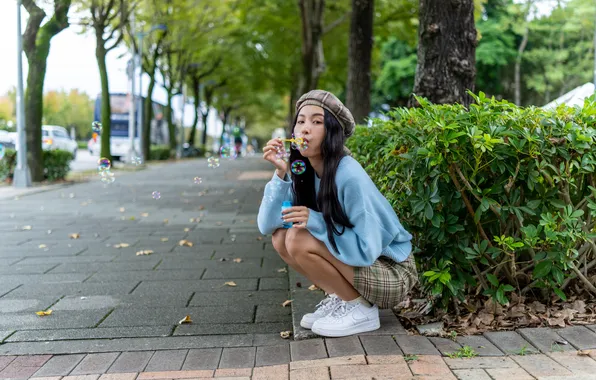 Girl, hair, skirt, brunette, bubbles, legs, Asian, sweater
