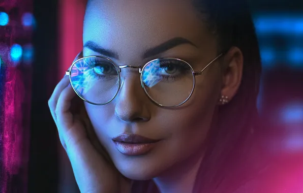 Girl, face, neon, backlight, glasses, girl, neon, glasses