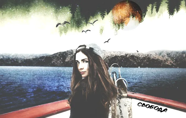 Freedom, mountains, boat, Girl