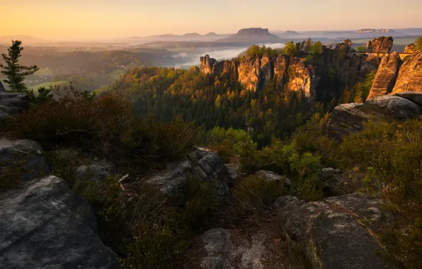 Autumn, forest, summer, the sky, light, landscape, mountains, stones