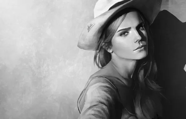 Background, figure, portrait, hat, art, black and white, Emma Watson, Emma Watson