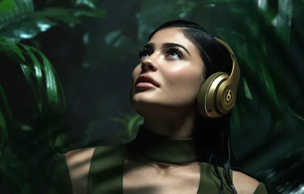 Greens, background, model, makeup, headphones, brunette, hairstyle, beauty