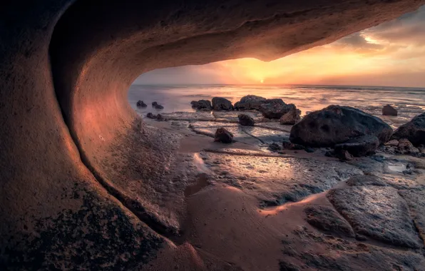 Sea, sunset, stones, shore, coast, arch, cave, boulders
