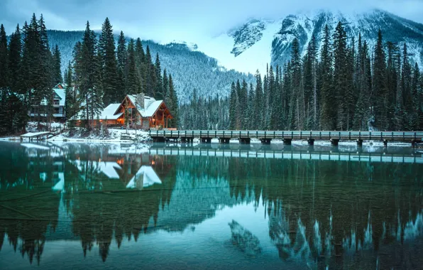 Water, snow, trees, mountains, bridge, lake, house, the evening