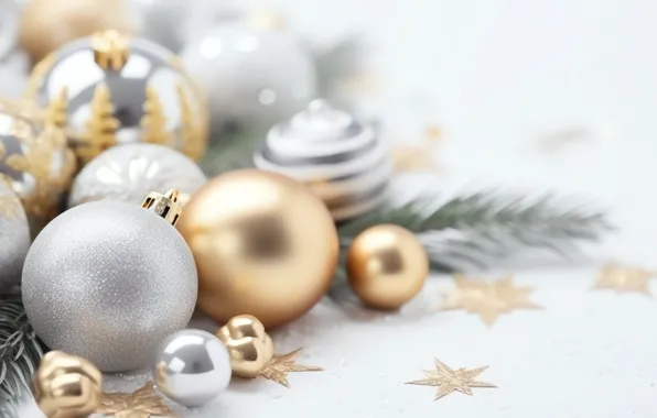 Balls, branches, silver, Christmas, white background, New year, needles, light background