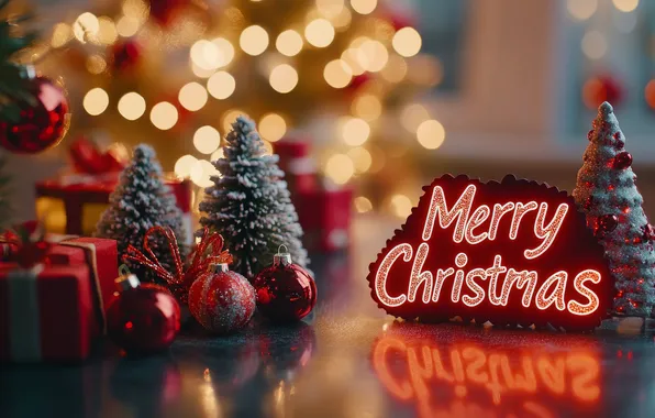 Balls, lights, reflection, holiday, the inscription, toys, Christmas, gifts