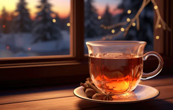 Winter, glass, light, comfort, tea, window, Christmas, mug