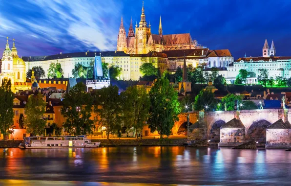 Prague, Czech Republic, night city, promenade, ship, Prague, Charles bridge, Czech Republic