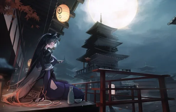 Girl, night, the moon, fantasy, pagoda, ears, sake, Saga