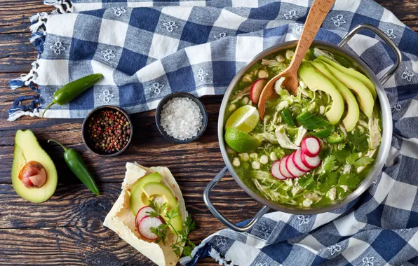 Soup, lime, pepper, parsley, avocado, salt, radishes