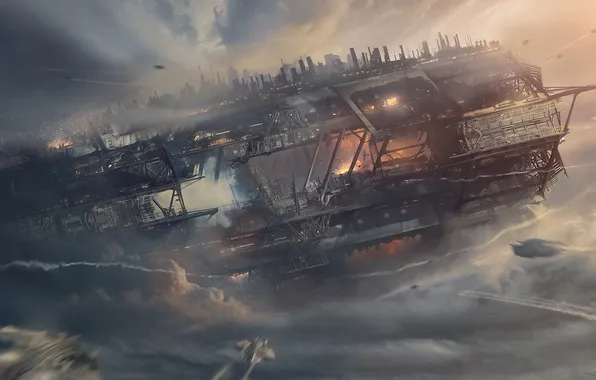 Picture clouds, flight, ship, station, fighter, art, attack, in the sky