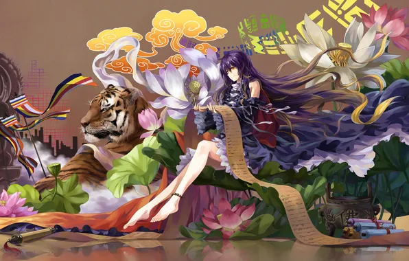 Girl, flowers, tiger, smile, mood, touhou, nothing, art