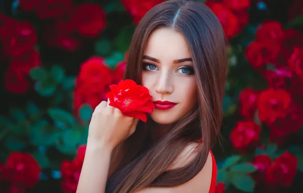 Girl, flowers, face, makeup, brunette, hairstyle, hair long