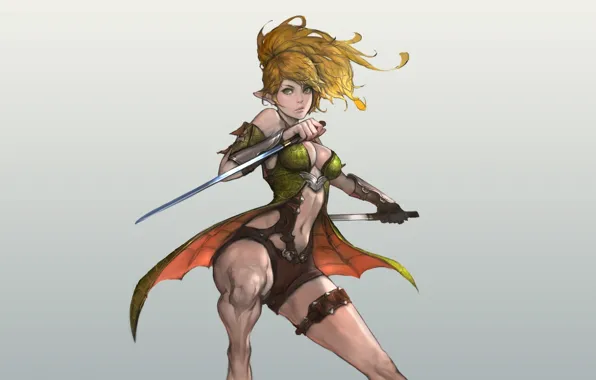 Girl, elf, figure, leather, fantasy, art, dagger, girl