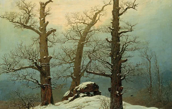 Winter, trees, landscape, stones, picture, Caspar David Friedrich, Dolmen in the Snow