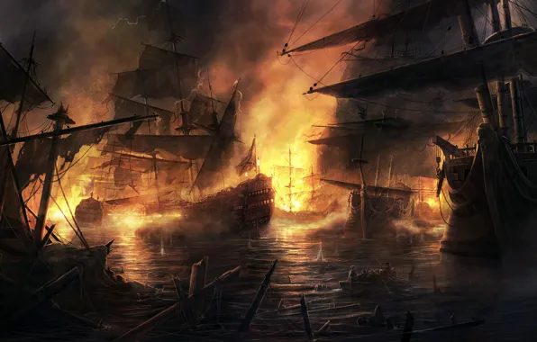 Picture fire, ships, battle