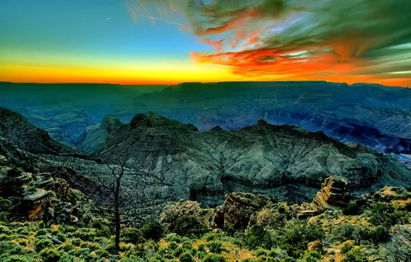 Picture the sky, clouds, sunset, mountains, canyon, glow
