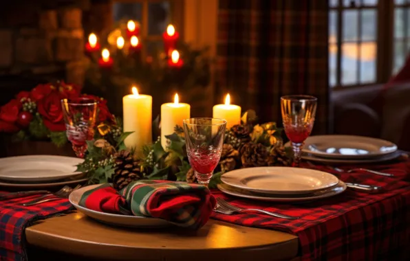 Flowers, branches, interior, candles, Christmas, dishes, New year, needles