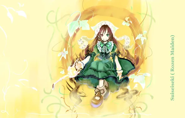 Shoes, lake, cap, yellow background, different eyes, green dress, bindweed, Rozen Maiden