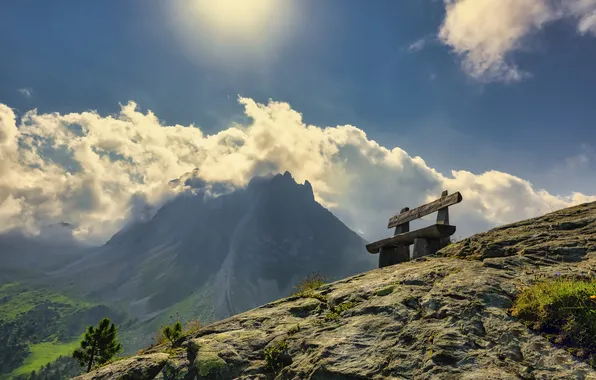 Summer, the sky, mountain, bench