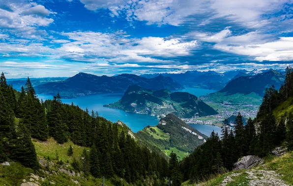 Forest, the sky, clouds, trees, mountains, lake, panorama, Switzerland