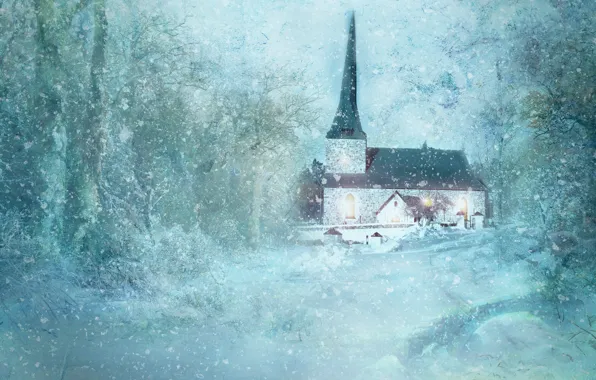 Winter, snow, trees, rendering, Church, house, chapel, photoart