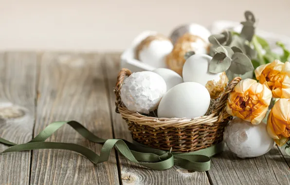 Leaves, flowers, holiday, Board, eggs, bouquet, spring, yellow