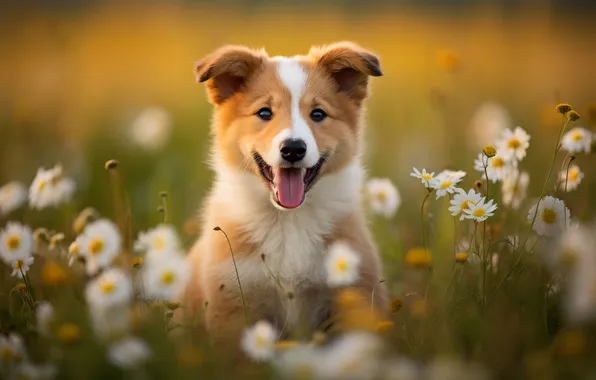 Field, look, flowers, portrait, chamomile, dog, meadow, puppy