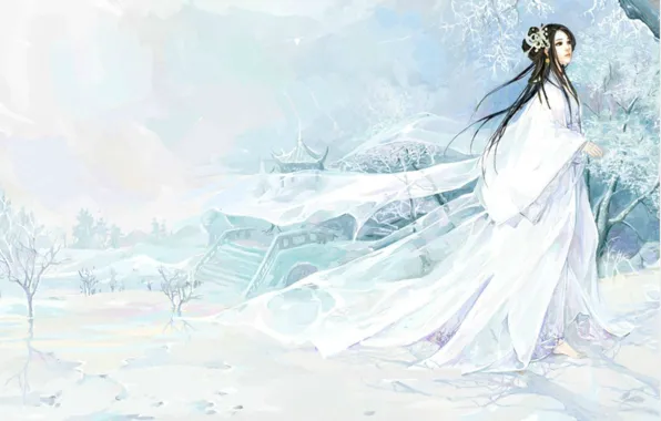 Frost, snow, ladder, priestess, gazebo, winter landscape, barefoot, transparent fabric