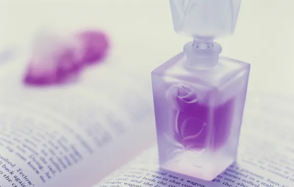 Text, perfume, petals, book, purple