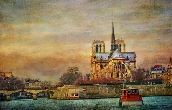 River, France, Paris, ship, Hay, canvas, Notre Dame Cathedral