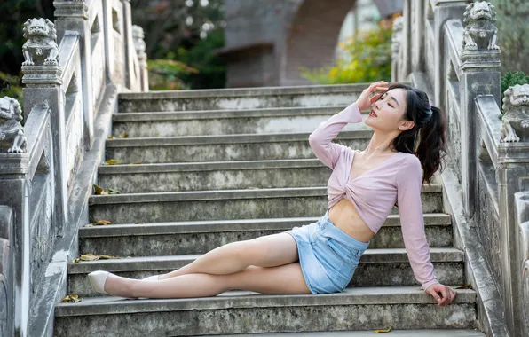 Picture girl, skirt, steps, blouse, legs, Asian